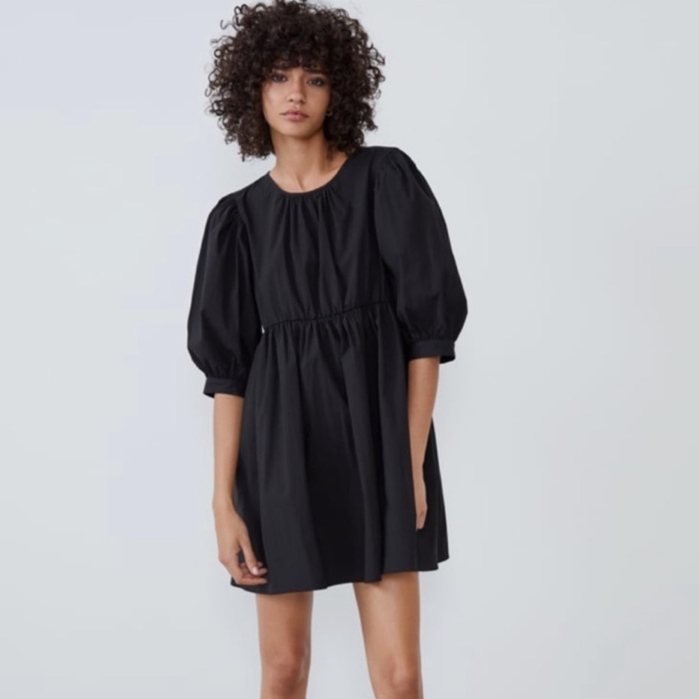 Zara poplin mini dress puff sleeve black XS